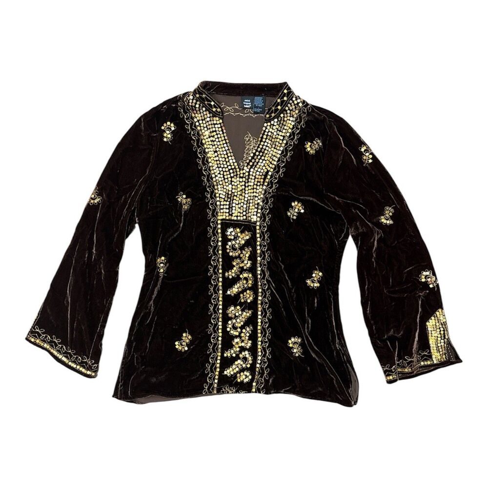 Y2K Saint Tropez West Velvet Tunic Top Brown Gold Sequin Embroidered Boho Sz L